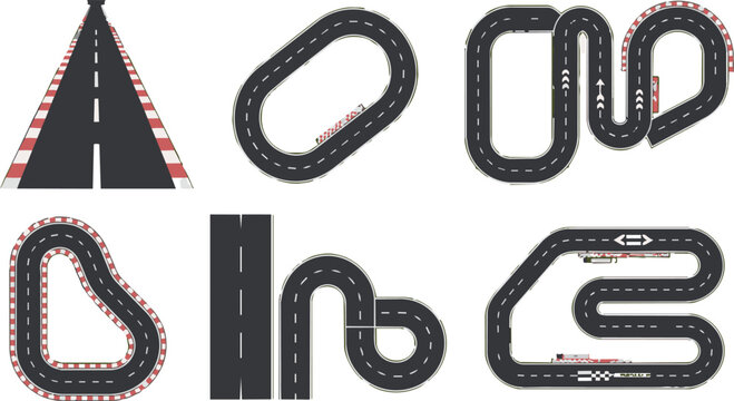 Auto rally road. Straight and ring circuit top view asphalt racetrack with start and finish line competition motor sport vector isolated speedway set for racing car game