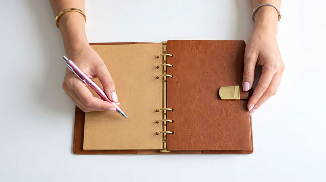 Person writing in a brown binder with a pen and pencil topper