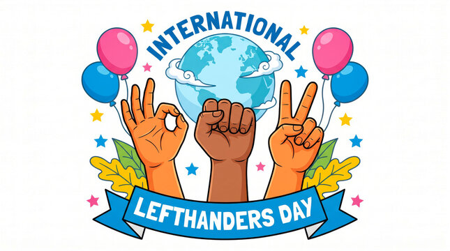Hands celebrating international lefthanders day with peace and victory signs