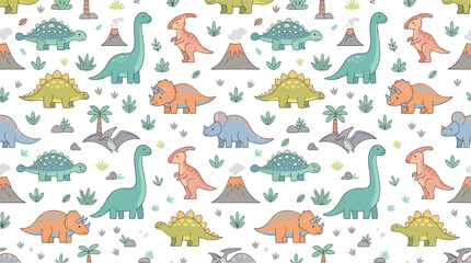 Cute Dinosaur Seamless Pattern with Cartoon Prehistoric Animals and Volcano Background © MstShahida
