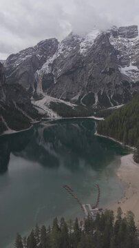 Aerial 4K Lake View of Lago di Braies in the Dolomites Ready for D-LOG Color Grading | Italy Dolomites 4K Footage Flat Profile