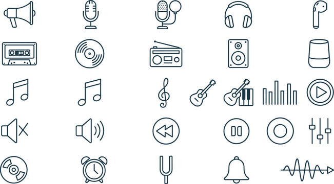 Audio Equipment and Music Production Outline Icon Set with Microphones Headphones Cassette Tapes Guitars Media Player Controls and Sound Wave Symbols