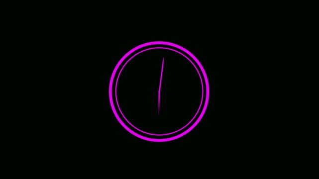 Stylized neon purple clock face with rapidly rotating hands on a black background, ideal for time lapse concepts and motion design projects with alpha channel compatibility