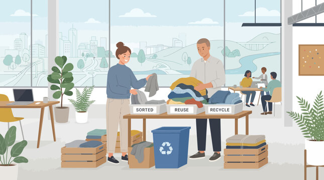 Volunteers sorting clothes for donation, reuse, and recycling in modern office.