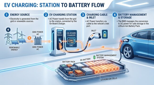 Electric vehicle charging infographic illustrating energy flow from grid to battery management system station power