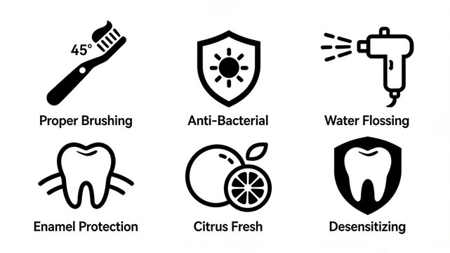 Scientific brushing care icon, standardized 45 &deg; brushing posture, antibacterial protection, water flosser cleaning, protecting enamel, citrus fragrance soothing teeth sensitivity
