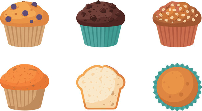 Bakery Muffin and Cupcake Vector Set with Blueberry Chocolate Chip Oatmeal Cross Section Cut and Top Down View Designs for Cafe Menu and Pastry Branding