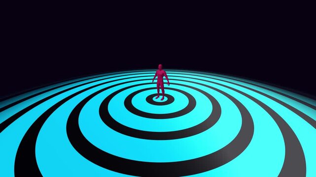 Human mannequin silhouette standing on a hypnotic blue and black concentric circular floor in a seamless 3D animation loop for music visuals