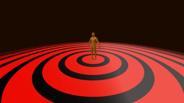 Hypnotic 3D animation loop of a gold human mannequin standing centered on a red and black concentric striped floor for theatrical music videos