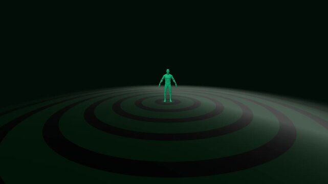 Green stylized human mannequin figure stands at the center of concentric circular waves radiating outward across a dark floor in a minimalist 3D render