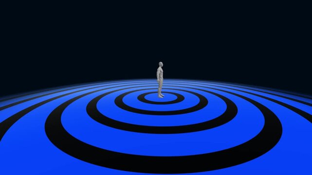 White mannequin figure stands at the center of sharp blue and black concentric circular ripples radiating outward across a wide surface in a clean 3D animation
