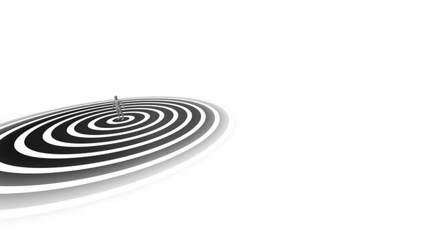 Minimalist small figure model stands at the center of an isolated black and white concentric circular disc over a vast clean white empty space in a 3D render