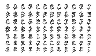 Fototapeta premium Elegant Minimal Rose Vector Icon Collection with Curved Stem and Two Leaf Outline Designs