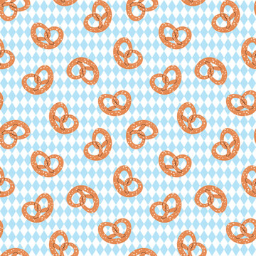 Seamless pattern with pretzels on blue diamond pattern. Flat style vector illustration