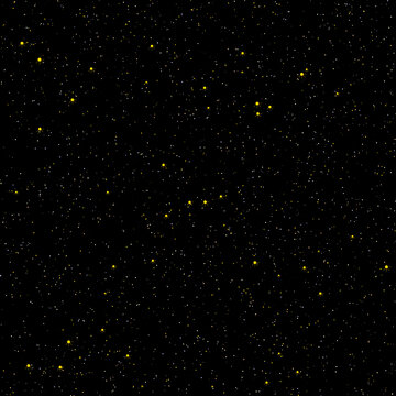 Seamless starry night sky pattern with golden stars on black background.