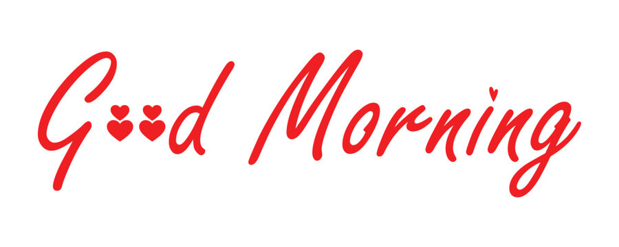 Good morning text in red on transparent background with heart details, bold script for design.