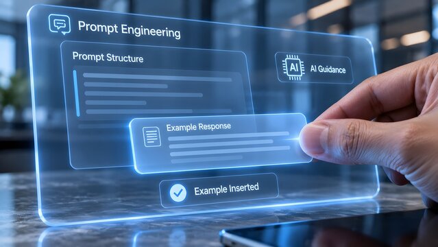 Ai prompt engineering interface displayed on transparent screen with hand interaction