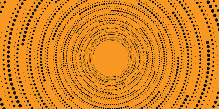 Abstract orange background with black circular halftone dots pattern radial speed line tunnel ripple effect comic pop art retro style design for banner wallpaper vector template