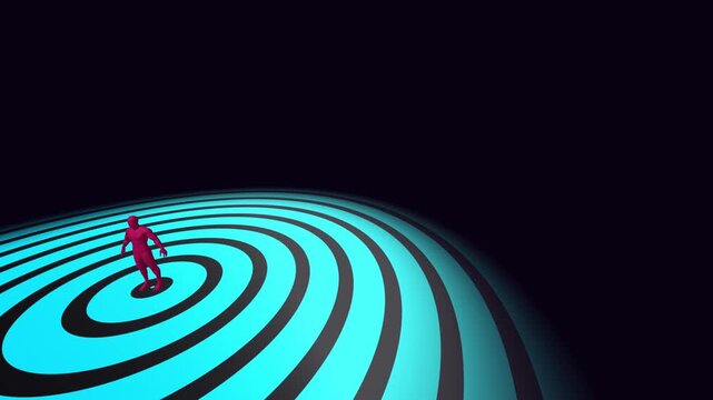 Pink stylized character stands on a wide low angle plane of glowing cyan and dark blue concentric circular pathways radiating outward in a dramatic 3D render