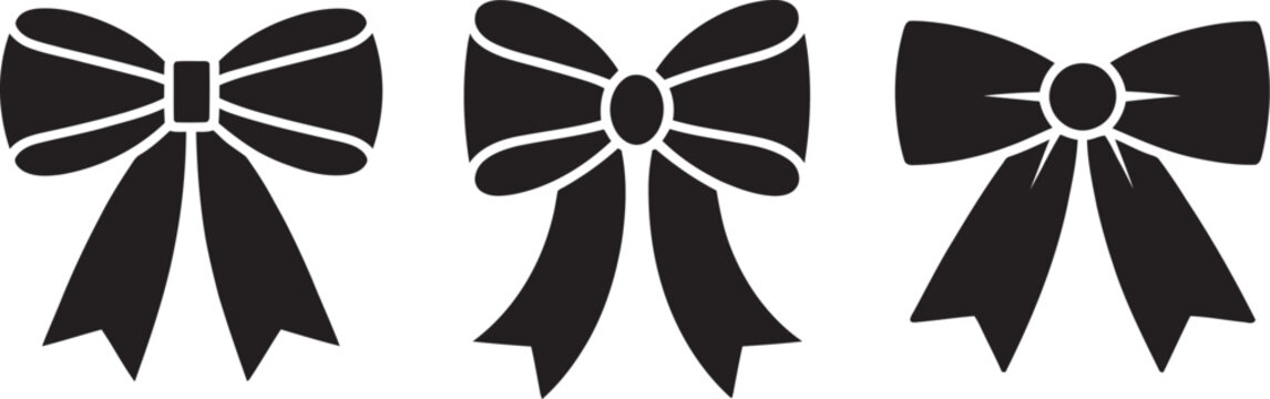 Black bow ribbon vector collection with flat gift bow icons, tied ribbon symbols, decorative accents, luxury packaging elements, greeting cards, invitations and branding graphics.