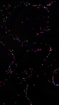 Vibrant neon particles stream vertically along an abstract flow field grid in a seamless 3D animation loop designed for mobile dark mode screens