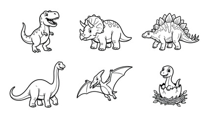 Set of cute cartoon dinosaurs for kids coloring page black and white drawing © Abu