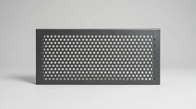 A rectangular gray metal panel with a grid of circular holes evenly spaced across its surface, displayed against a plain background.