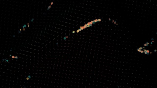 Warm glowing particles drift across a subtle vector flow field grid in a slow 3D animation loop with soft amber and teal ambient lighting