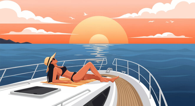 Vector illustration of a woman in a black bikini and sun hat sunbathing on a luxury yacht deck at sunset with a large sun, orange sky, and blue ocean waves in the background.