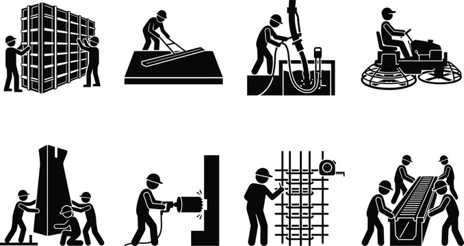 Concrete construction and foundation work icons set featuring workers assembling formwork pouring cement using power trowel vector silhouettes