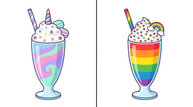Colorful milkshake illustrations with rainbow and unicorn themes
