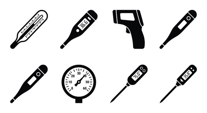 Variety Of Thermometers Flat Vector Icons On White Background