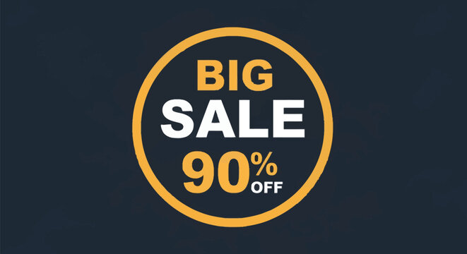 Promotional circular graphic for big sale offering ninety percent discount. Dark navy background with yellow and white sans-serif typography inside a yellow ring emblem.