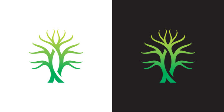 A green tree illustration on white and black backgrounds side by side