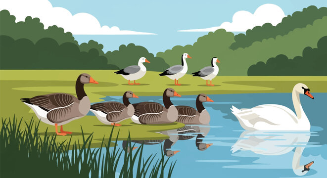 Flat vector illustration of a white swan swimming in a blue pond near a group of grey and white geese gathered on the grassy shore with trees and a cloudy sky background.