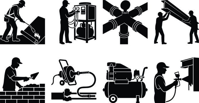 Construction trade and building service icons featuring bricklayer roofer painter hvac technician industrial tools vector black silhouettes