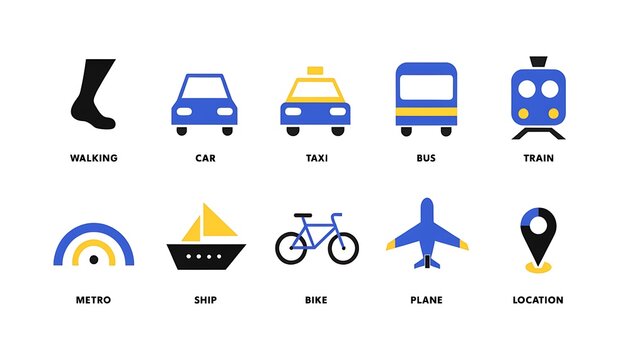 Transportation icons represent walking, cars, taxis, buses, trains, metros, ships, bicycles, airplanes, and location services for navigation and mobility systems.