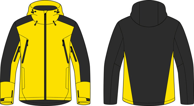 Blank yellow and black ski jacket mockup technical sketch template with front and back views waterproof winter outerwear fashion apparel illustration vector