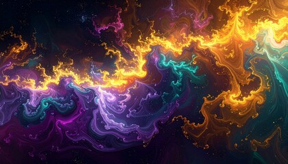 Obraz premium Vibrant abstract cosmic nebula with swirling luminous gas and colorful energy patterns.