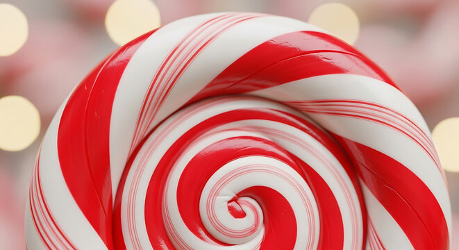 Red and white spiral candy with a glossy finish presented in a close up 3d rendering