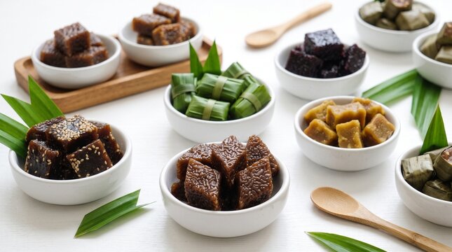 An assortment of traditional Indonesian sweet sticky rice cakes, dodol and wajik, elegantly served in small white bowls with pandan leaves and wooden spoons on a white background.