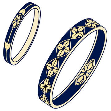 Two gold and blue enamel bangles featuring a repeating geometric floral pattern on a clean plain white background