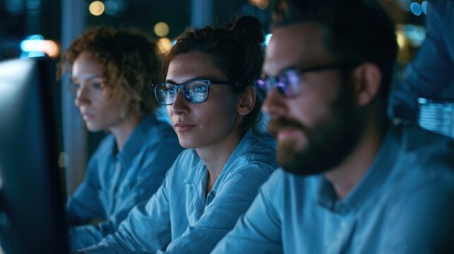 A team of diverse software developers and IT specialists looking at computer screens while working late at night in a modern corporate office.