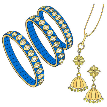 Set of three blue and gold bangles with a matching pair of traditional jhumka earrings isolated on a plain white background, for jewelry