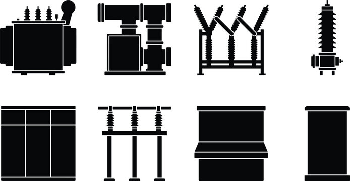 High voltage electrical substation equipment icons set featuring power transformer switchgear and grid distribution components vector black silhouettes