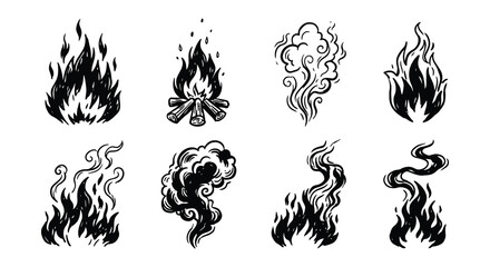 Fototapeta premium Fire Flames Collection Black Vector Illustration On White Background