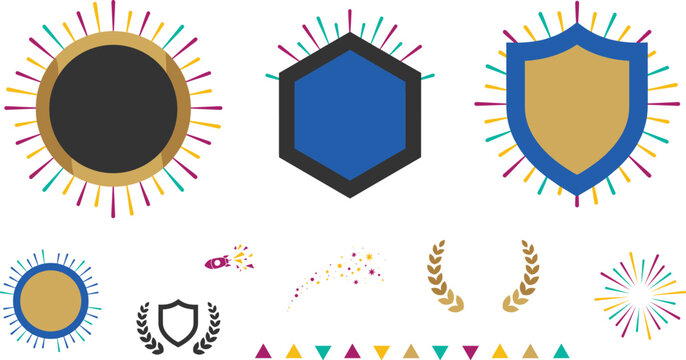 Gamification Badge and Shield Achievement Icon Set with Colorful Starburst Ornaments and Laurel Wreaths for Video Game UI and Mobile App Designs