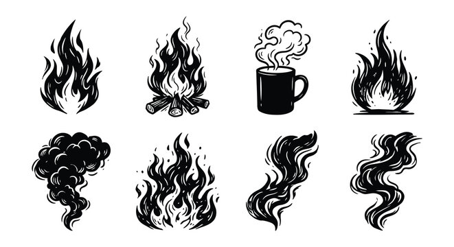 Fire Flames Collection Black Vector Illustration On White Background
