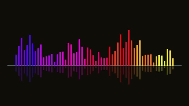 Vibrant digital audio equalizer bars moving dynamically with colorful sound wave reflections on a dark background representing music technology and modern data visualization