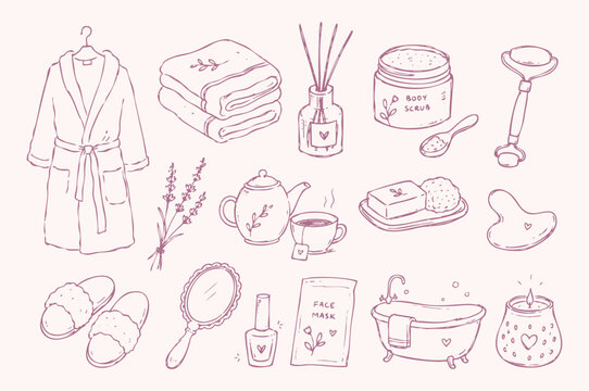 Spa and self care doodle vector illustration with pink hand drawn skincare beauty and wellness icons